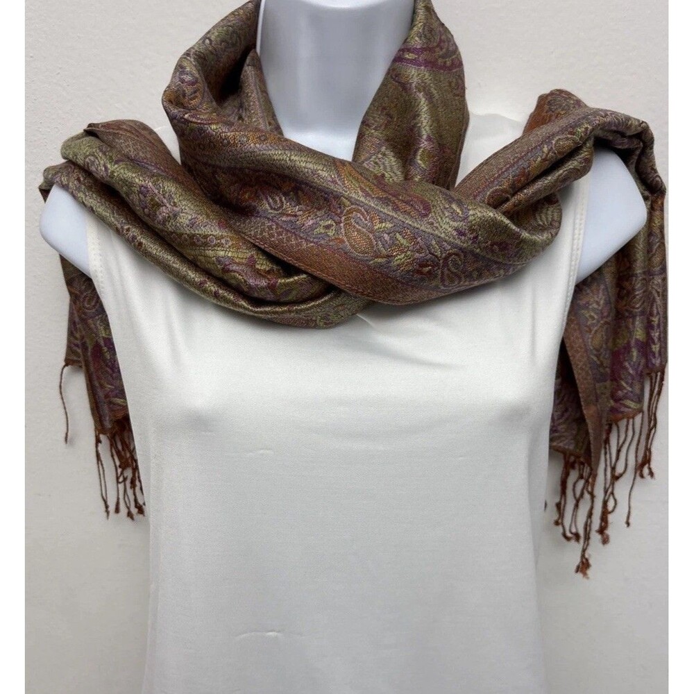 Wrap Shawl Scarf Lustrous Jacquard, Rich Golden Tones, Paisley, Size 64”x 14"